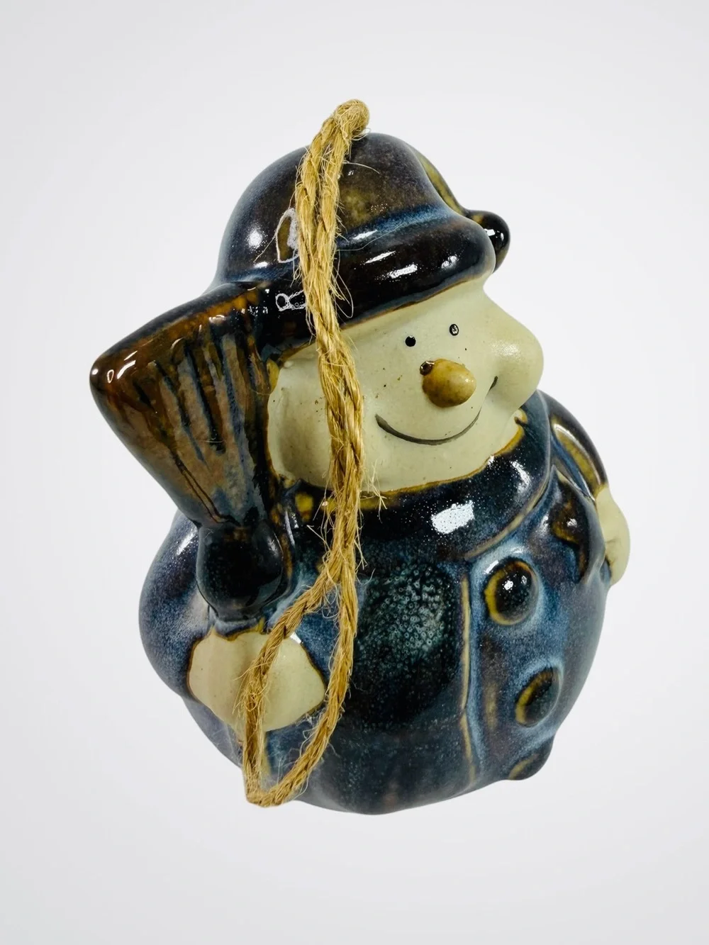 Ceramic Glazed Snowman Hanging Bell Christmas Ornament Cobalt Blue Gold Broom